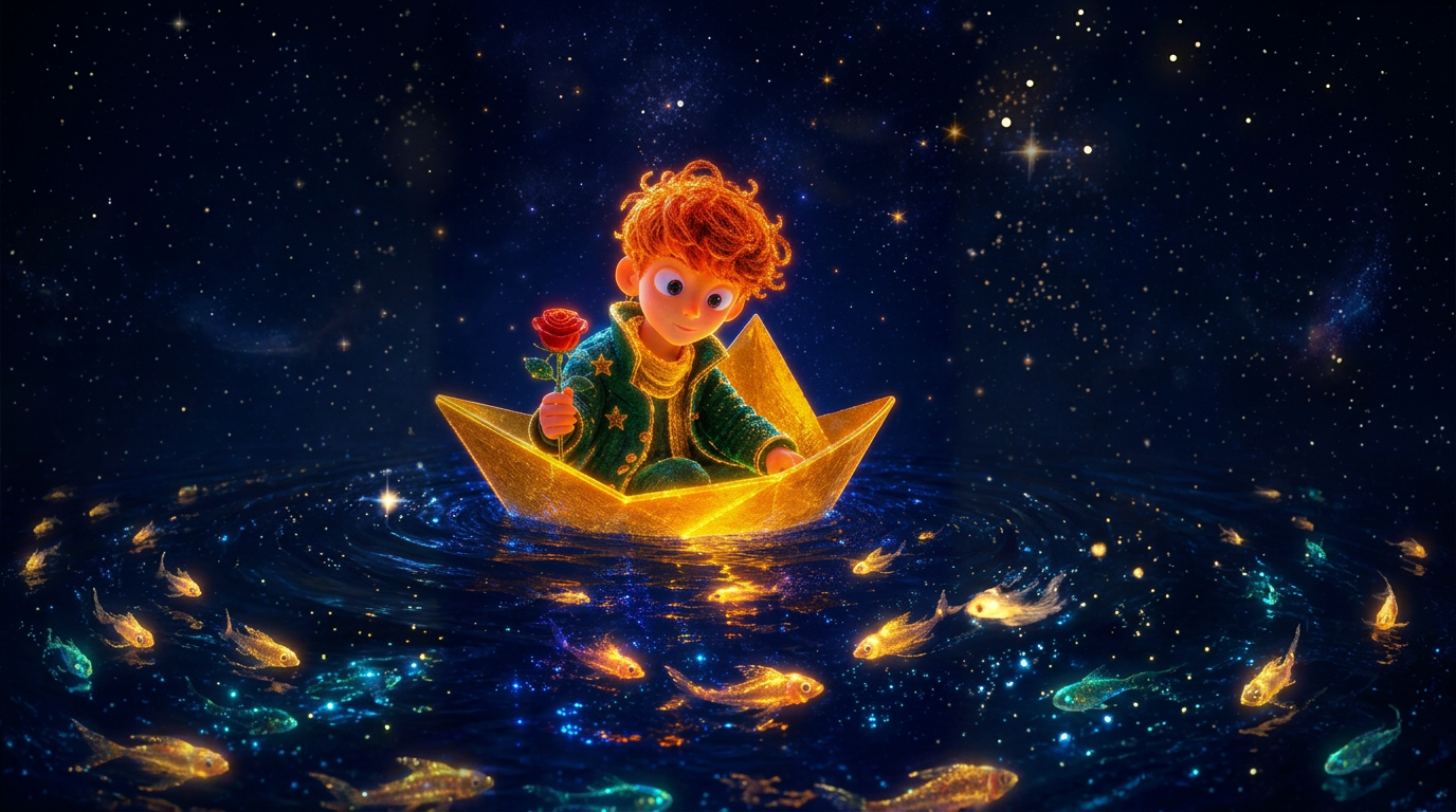 Ilustração de um garoto navegando em um barco de papel sob um céu estrelado